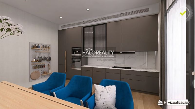 A kitchen in a 3-room apartment with dark cabinets, blue chairs, and wooden decor.