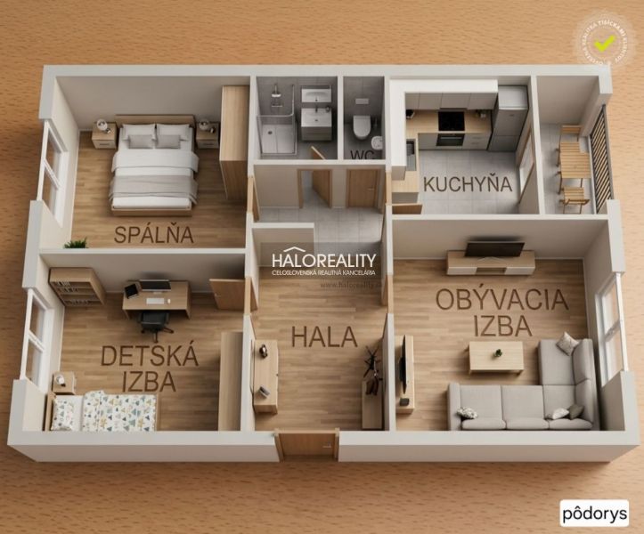 Floor plan of a 3-room apartment with a bedroom, children's room, and kitchen.