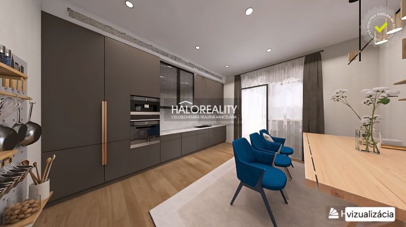 A kitchen in a 3-room apartment with dark cabinets and a wood-patterned floor.