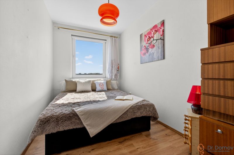 A bright bedroom with a bed, wood-patterned flooring, and a painting in a two-room apartment.