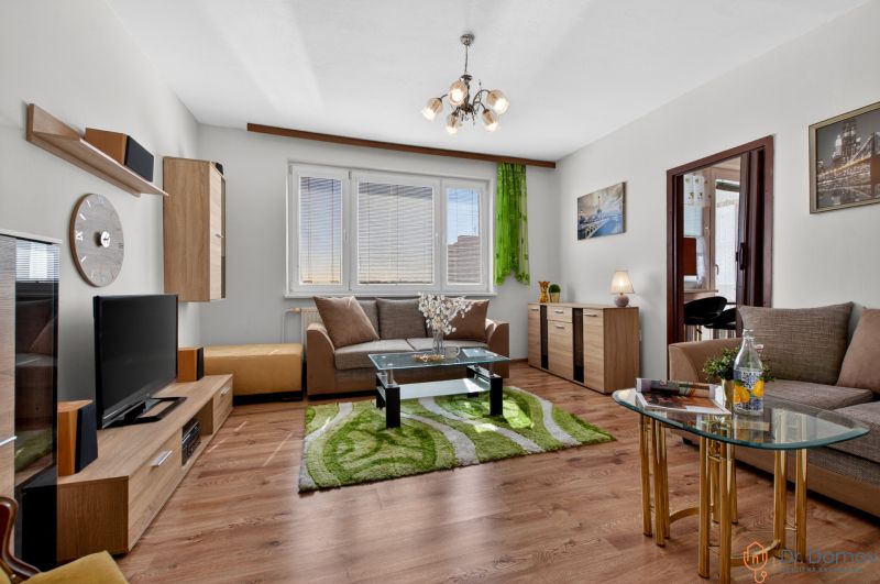 Living room in a two-room apartment with a sofa, wood-patterned flooring, and decorations.