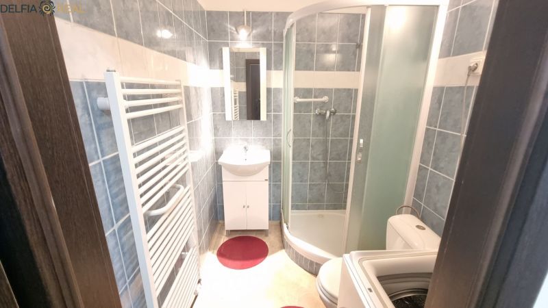 A bathroom with blue tiles, a shower corner, and a washing machine in a studio apartment.