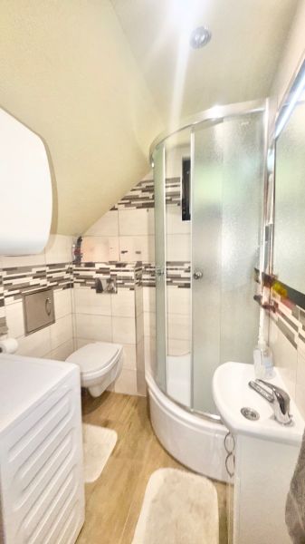 A bathroom in a cabin with a modern shower and a wooden decor floor.