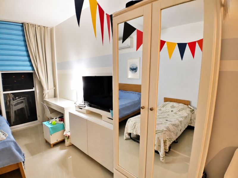A room with a TV, bed, mirrored wardrobe, and colorful flags in a studio apartment.
