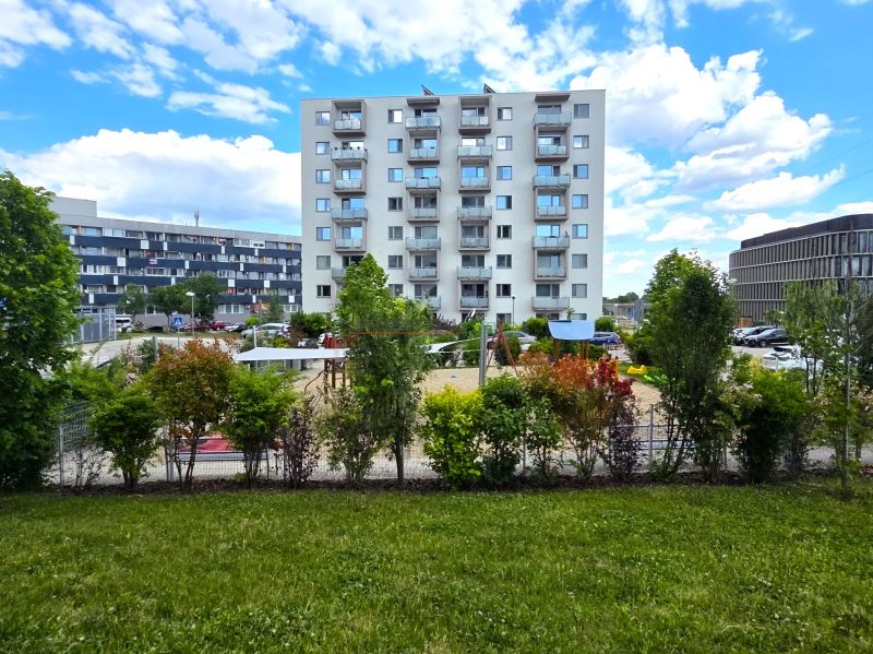 Building and children's playground in Bratislava on Jurská in the location of a 2-room apartment.