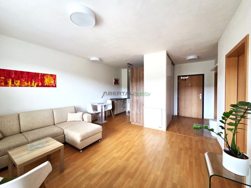 Living room in a two-room apartment with a wooden decor floor, beige sofa.