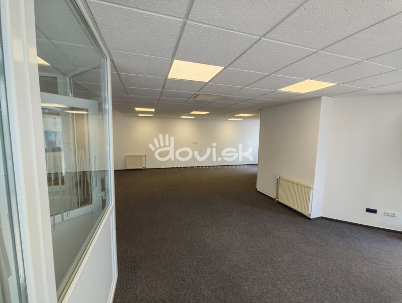 An office interior with white walls, gray carpet, and floor radiators.