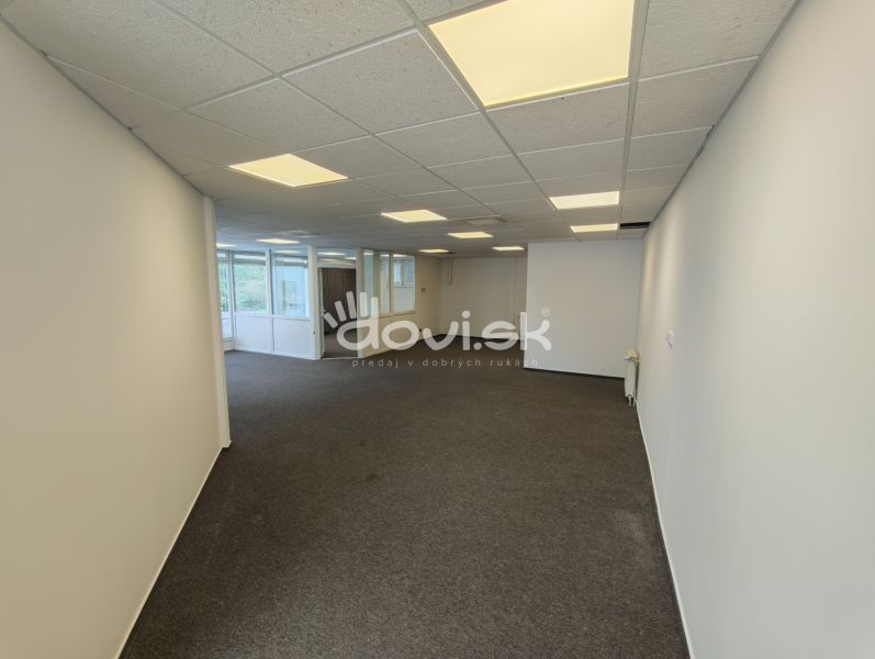 Offices with white walls and carpet, illuminated by ceiling lights.