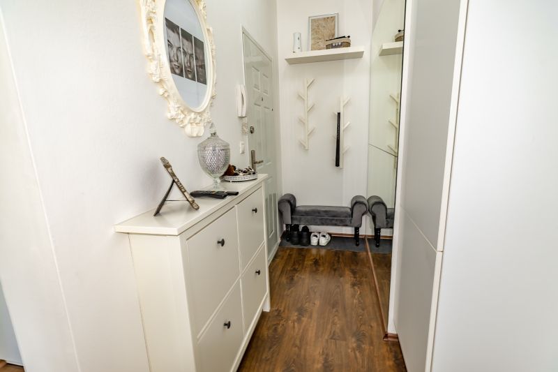 A hallway in a 2-room apartment with a decorative mirror and shoe furniture.