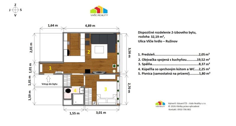 Floor plan of a 2-room apartment on Vlčie Hrdlo in Ružinov, with a wooden decor floor.