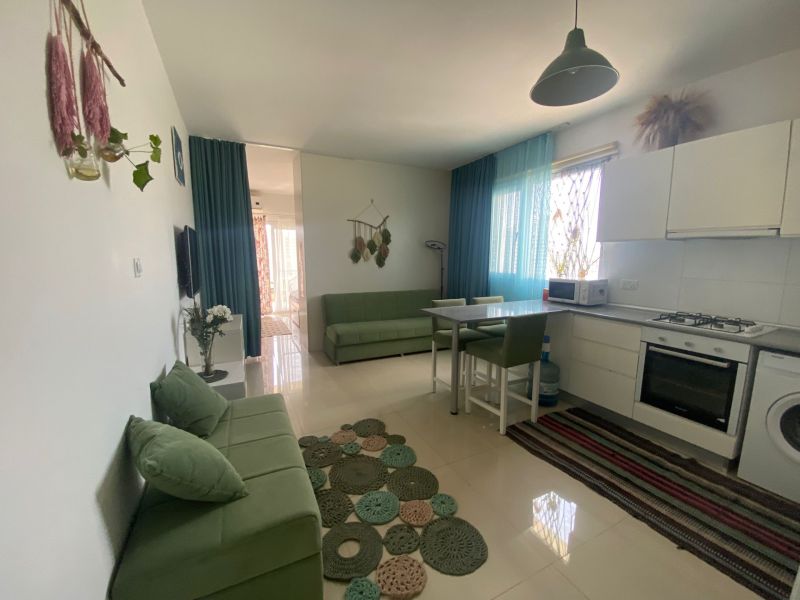 A bright interior of a one-room apartment with a kitchenette and a green sofa.