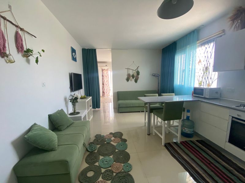 A bright interior of a 1-room apartment with comfortable green furniture and decorative elements.