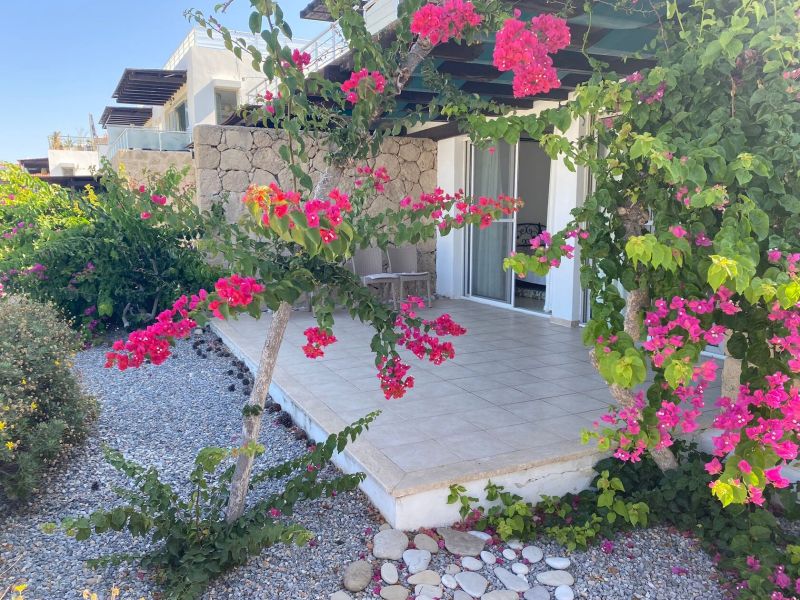 The floral exterior of a 2-bedroom apartment in Tatlisu with a terrace and a garden path.