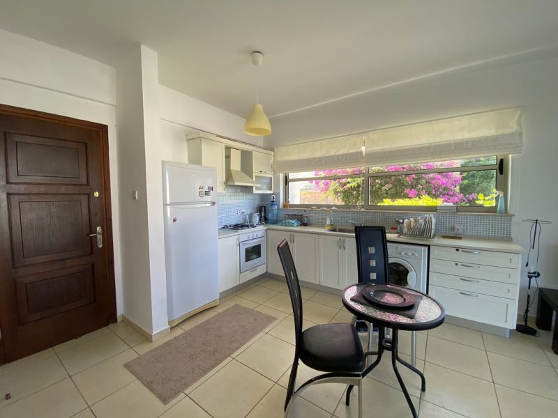 A kitchen in a 2-room apartment with a dining table and a view of flowers.