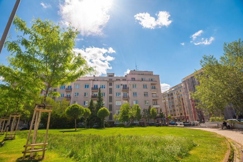 Park surrounded by apartment buildings in Bratislava - Staré Mesto, Krížna Street.
