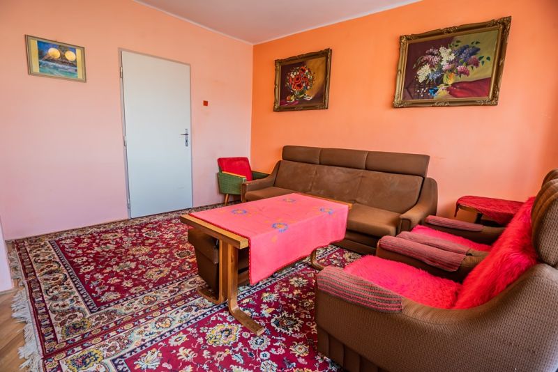 Living room in a two-room apartment with a red carpet and brown furniture.