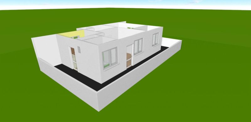3D model of a two-story house with white walls on a green background.