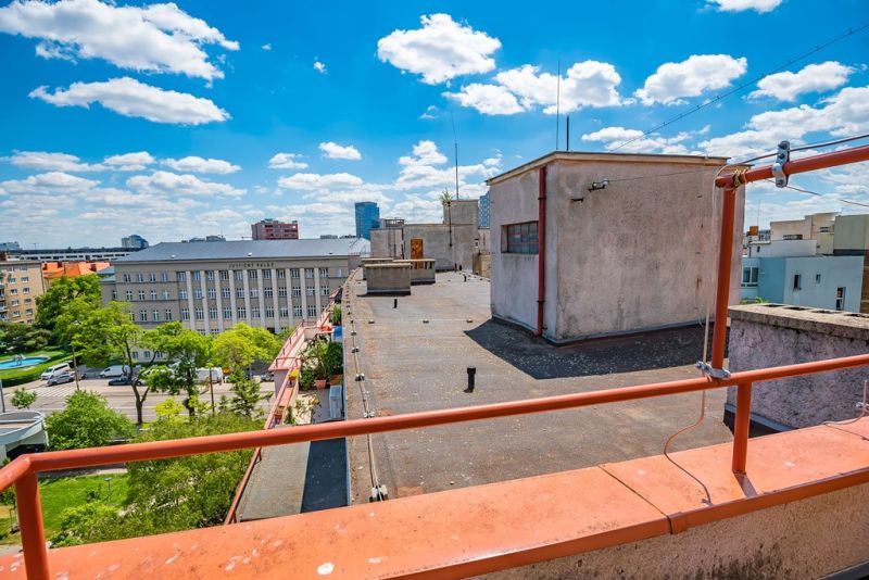 A view from the rooftop onto Krížna Street in Bratislava, in the Old Town, on a summer day.