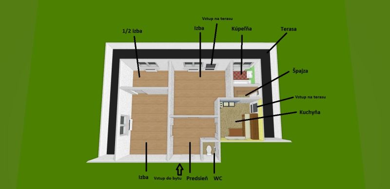 Floor plan of a 2-room apartment with a room, kitchen, bathroom, terrace, and flooring with a wooden decor.