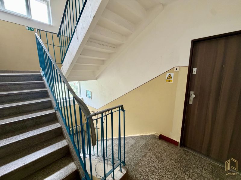 Interior of a staircase with blue railing near a 2-room apartment, with doors featuring a wooden decor.