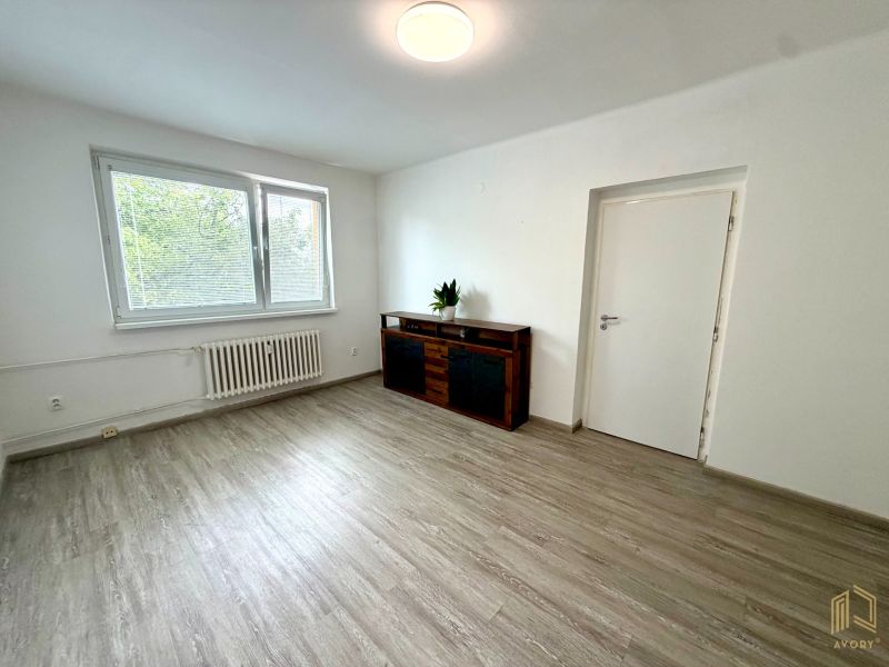 A room in a 2-room apartment with a wooden decor floor and simple furniture.