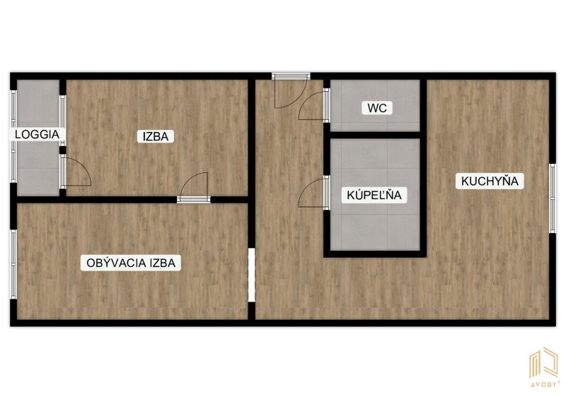 Floor plan of a 2-room apartment with a loggia, kitchen, and floor with a wooden decor.