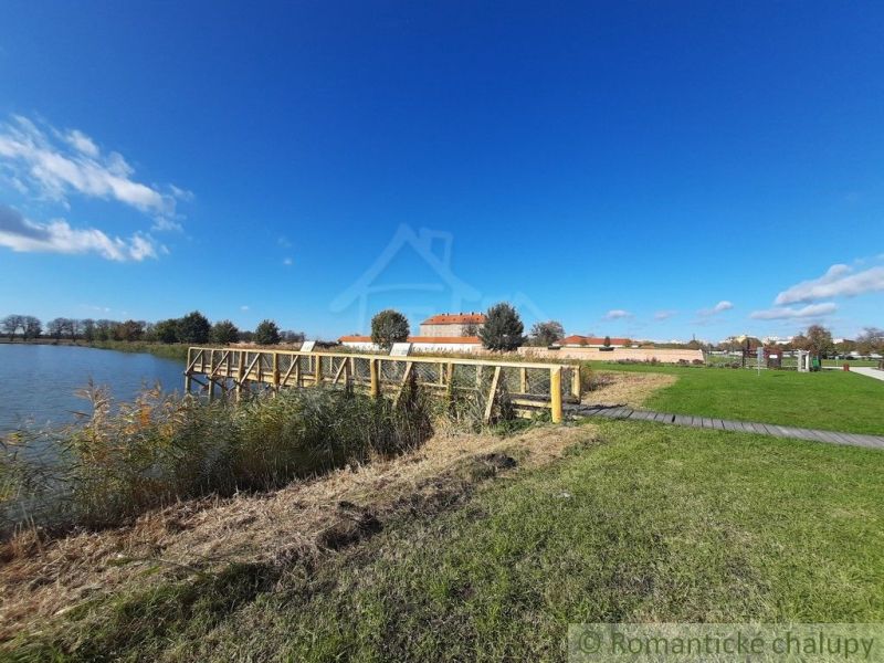 A lake with an elevated wooden pier in Holíč, next to it grass and a beach.