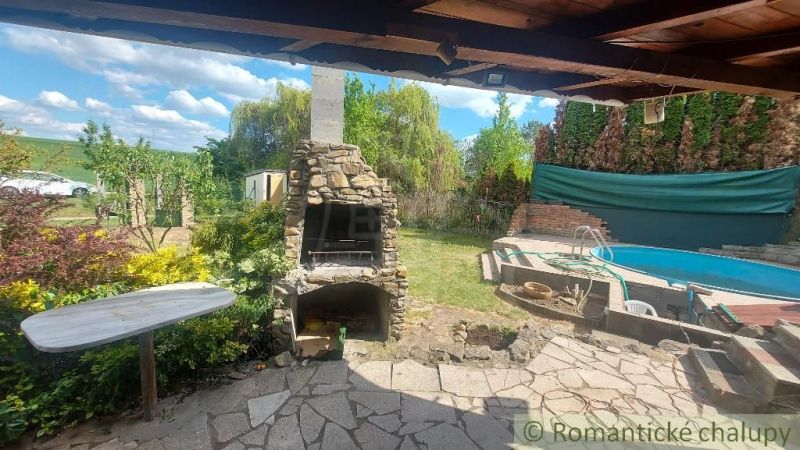A garden with a cottage in Holíč, a fireplace, and a pool surrounded by greenery and a stone terrace.