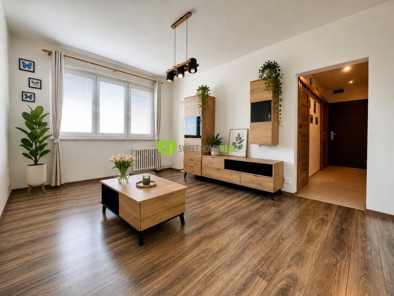 Living room in a 3-room apartment with a wooden decor floor and houseplants.