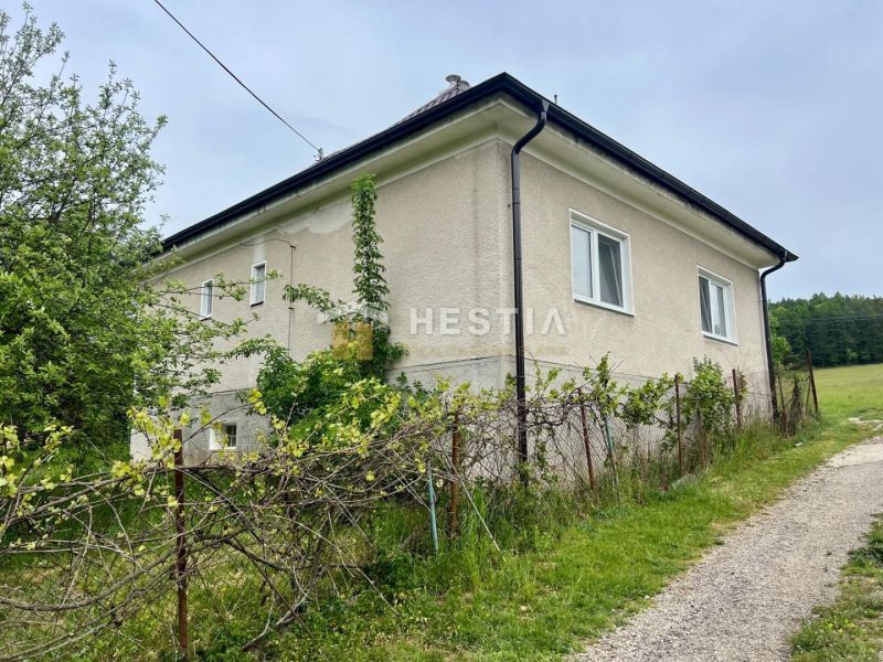 A family house in Myjava surrounded by greenery, next to a gravel road, with a simple facade.