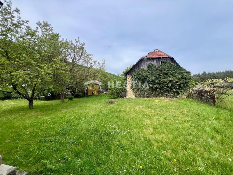 A family house in Myjava surrounded by trees and a lawn in a rural garden.