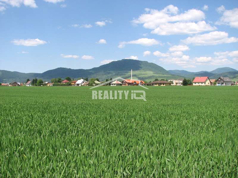 A green field with a view of houses and mountains in the background in Mojš.