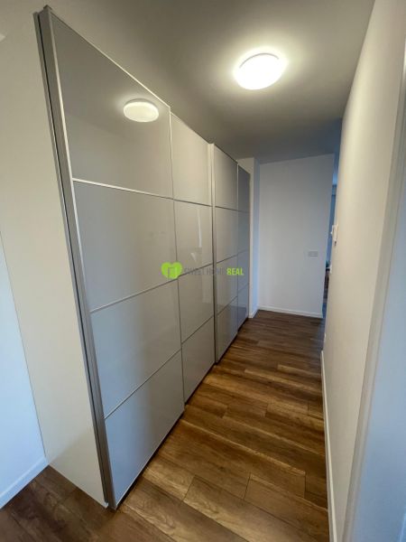 A hallway with a built-in wardrobe and flooring with a wood decor in a 2-room apartment.