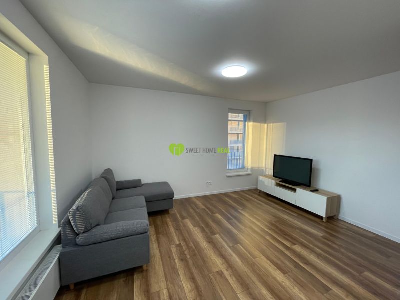 Living room in a two-room apartment with a wooden decor floor, a sofa, and a television.