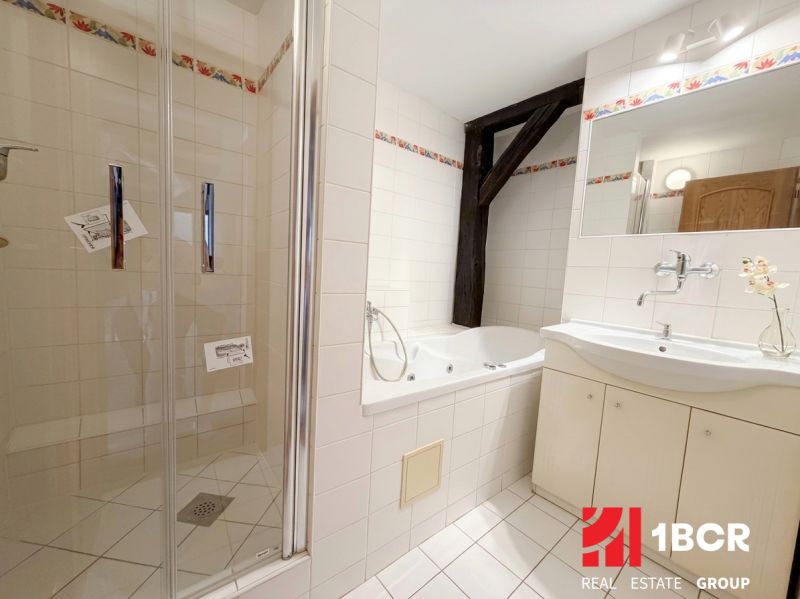 A bathroom with a bathtub and a shower in a 2-room apartment.