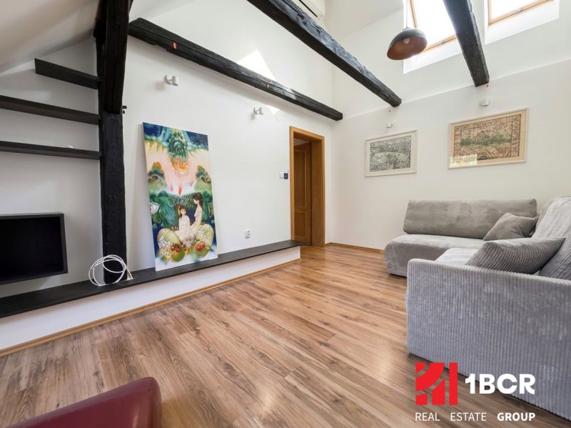 Interior of a 2-room apartment with a wooden decor floor and a comfortable sofa.