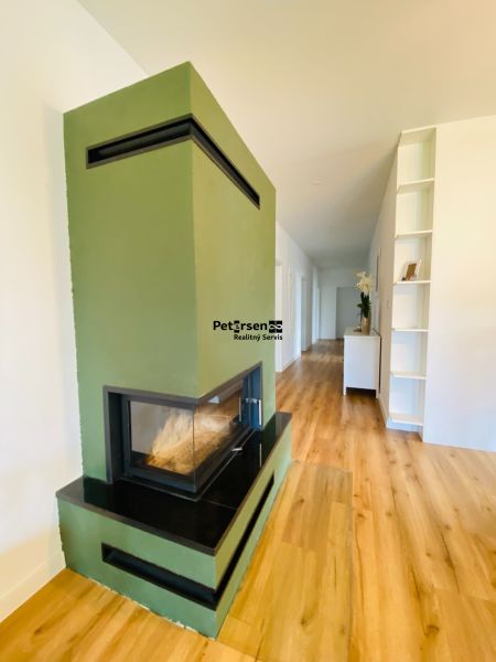 Interior of a family house with a fireplace, wooden decor flooring, and white walls.