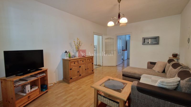 Living room in a two-room apartment with a wooden decor floor and a comfortable sofa.