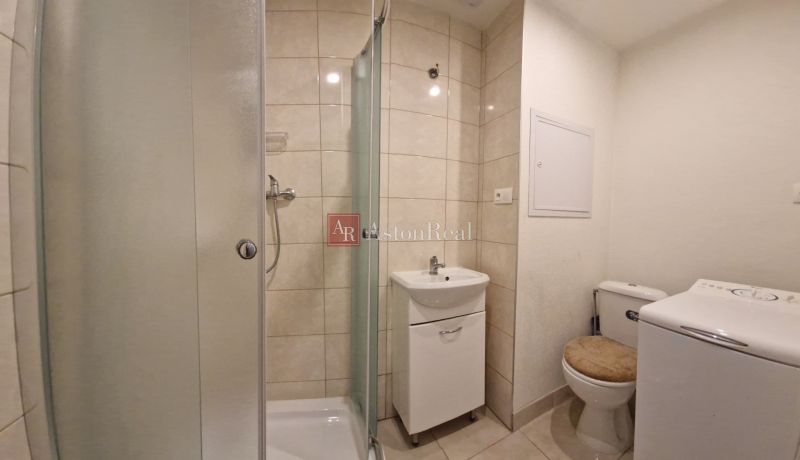 Bathroom in a 2-room apartment with a shower, sink, toilet, and washing machine.