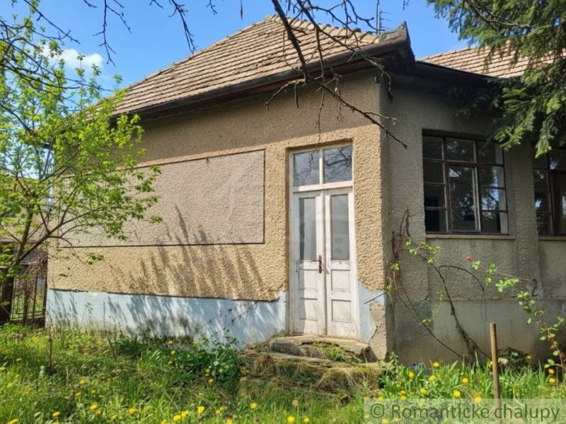 A cottage in Divín with a plastered facade, old windows and doors amidst greenery.