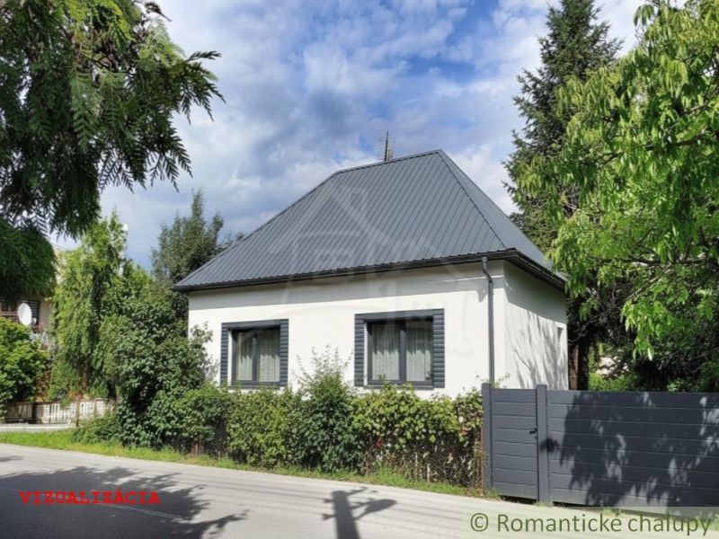 A cottage in Divín with a seamless roof, surrounded by greenery, in front of a well-maintained fence.
