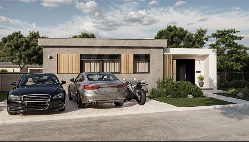 A family house on Slnečná Street in Miloslavov with parked cars and a motorcycle in front of the entrance.
