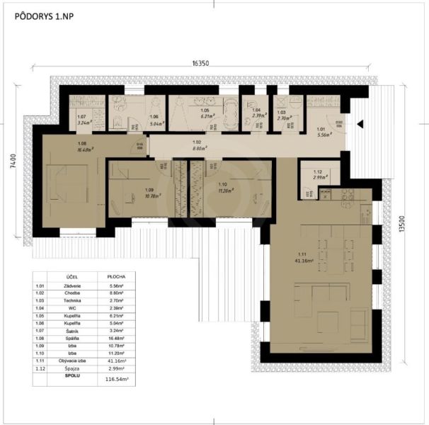 Floor plan of a family house with zones such as kitchen, bathroom, and bedrooms.