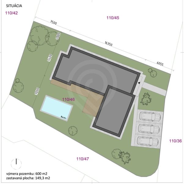 Floor plan of a family house on Slnečná Street in Miloslavov with a swimming pool and parking.