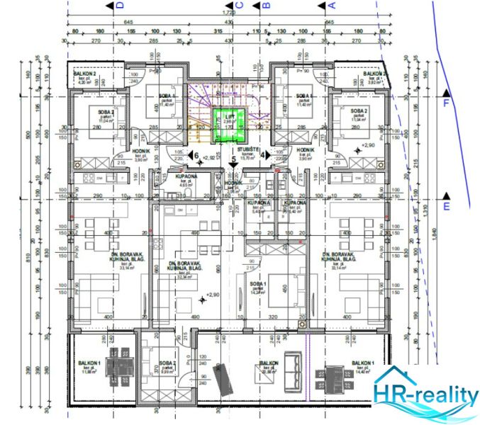 Floor plan of a 3-room apartment with room details and balconies.