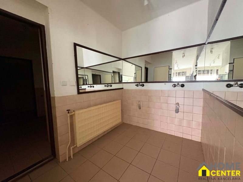 Commercial spaces with mirrors and a radiator, tiles on the floor.