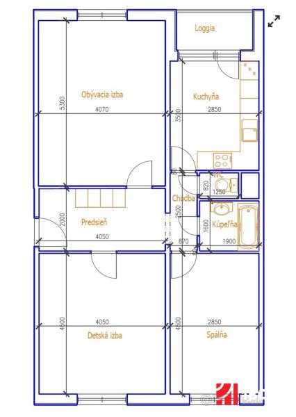 Floor plan of a 3-room apartment with a hallway, loggia, living room, kitchen, bathroom, and toilet.