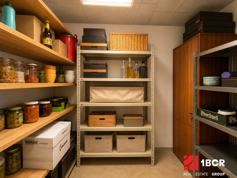 Storage space in a 3-room apartment with shelves and canned goods.