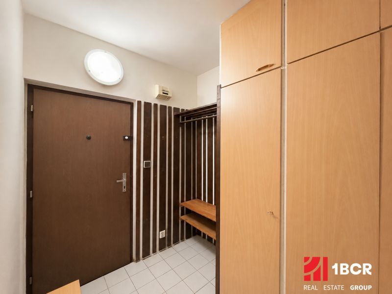 Entrance room with a coat rack wall and a built-in wardrobe in a 3-room apartment.