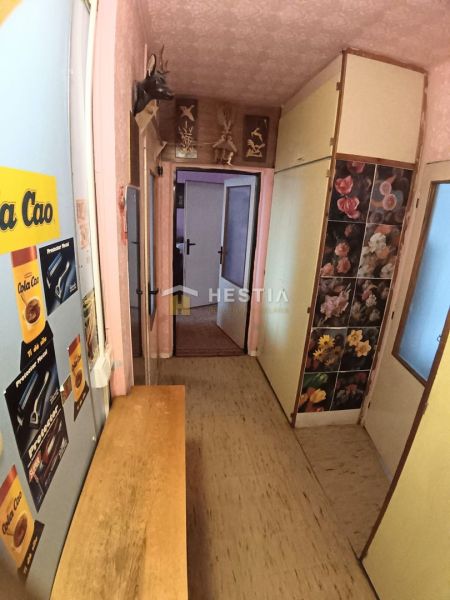 A hallway in a 3-room apartment with decorations, wardrobes, and a floor with a wooden decor.